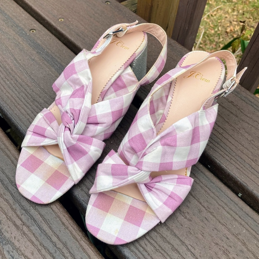 J. Crew JCrew Twisted Knot Penny Sandals Gingham Purple Silver Glitter Heel 8.5 - Picture 4 of 11